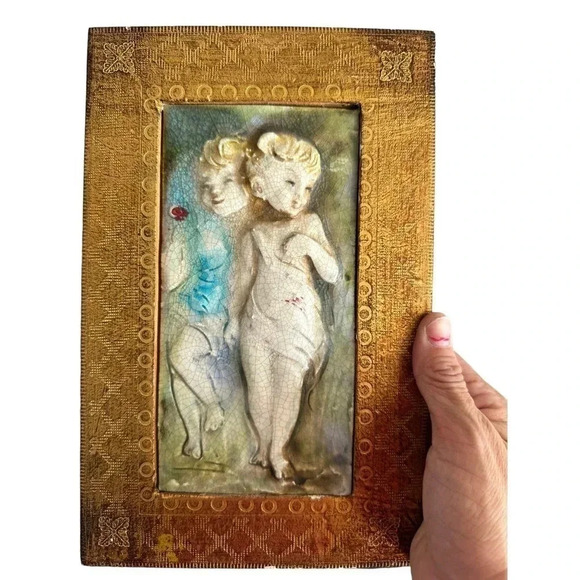 Vintage Emanuele Terzani Italian Majolica Relief Ceramic Tile Children Framed - Picture 4 of 4